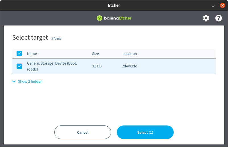 Screenshot of the Etcher software showing the Flash button highlighted.